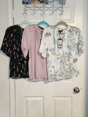 Well Worn White, Mauve& Black Floral Tie-Neck Blouses